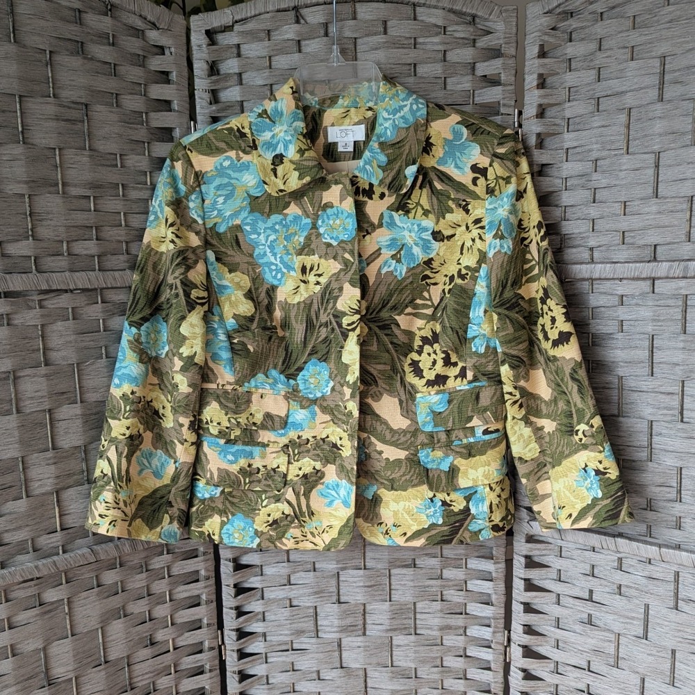 Ann Taylor LOFT Floral Tapestry Blazer‎ Jacket Blue Green Tan Snap Front Sz 8